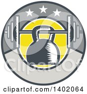 Clipart Of A Retro Woodcut Kettlebell Hanging On A Barbell In A Circle With Stars Royalty Free Vector Illustration