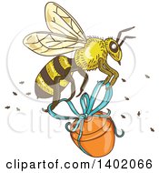 Sketched Worker Bee Flying With A Honey Jar