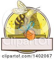Sketched Worker Bee Flying With A Honey Jar Over A Circle With A Hive And Text Space
