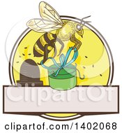 Sketched Worker Bee Flying With A Round Gift Box Over A Circle With A Hive And Blank Space