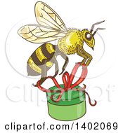 Poster, Art Print Of Sketched Worker Bee Flying With A Round Gift Box