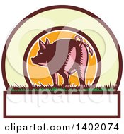Poster, Art Print Of Retro Woodcut Rear View Of A Pig With A Curly Tail In A Circle With Text Space