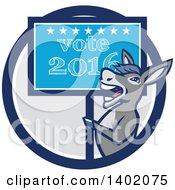 Poster, Art Print Of Retro Politician Democratic Donkey Holding A Vote 2016 Sign In A Blue White And Gray Circle