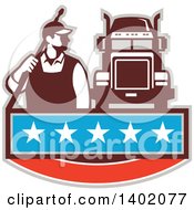 Poster, Art Print Of Retro Male Pressure Washer Worker Standing With A Wand Over His Shoulder By A Big Rig Truck Over A Banner With Stars
