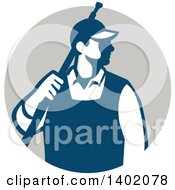 Retro Male Pressure Washer Worker Standing With A Wand Over His Shoulder In A Gray Circle