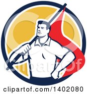 Clipart Of A Retro Union Worker Man Holding A Flag Over His Shoulder In A Blue White And Yellow Circle Royalty Free Vector Illustration