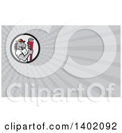 Clipart Of A Cartoon Muscular Horse Man Plumber Holding A Monkey Wrench And Gray Rays Background Or Business Card Design Royalty Free Illustration