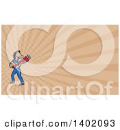 Poster, Art Print Of Cartoon Muscular Horse Man Plumber Holding A Monkey Wrench And Tan Rays Background Or Business Card Design