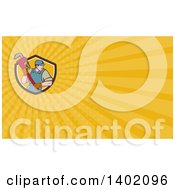 Poster, Art Print Of Retro Cartoon White Male Plumber Running And Holding A Giant Monkey Wrench And Yellow Rays Background Or Business Card Design