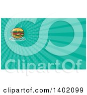 Poster, Art Print Of Retro 1950s Cheeseburger And Text And Turquoise Rays Background Or Business Card Design