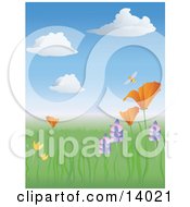 Happy Bumble Honey Bee Buzzing Above A California Poppy In A Meadow Of Wildflowers In The Spring Clipart Illustration