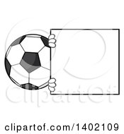 Cartoon Faceless Soccer Ball Mascot Character Looking Around A Blank Sign
