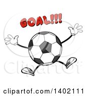 Cartoon Faceless Soccer Ball Mascot Character Jumping Under Goal Text