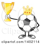 Cartoon Faceless Soccer Ball Mascot Character Wearing A Crown And Holding A Trophy