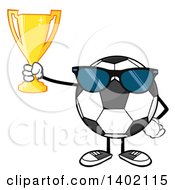 Cartoon Faceless Soccer Ball Mascot Character Wearing Sunglasses And Holding A Trophy