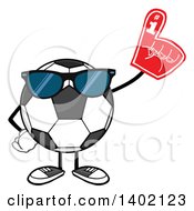 Cartoon Faceless Soccer Ball Mascot Character Wearing Sunglasses And A Foam Finger