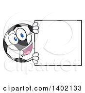 Clipart Of A Cartoon Soccer Ball Mascot Character Looking Around A Blank Sign Royalty Free Vector Illustration
