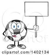 Clipart Of A Cartoon Soccer Ball Mascot Character Holding Up A Blank Sign Royalty Free Vector Illustration