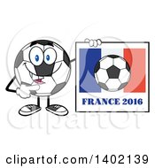 Clipart Of A Cartoon Soccer Ball Mascot Character Pointing To A France 2016 Sign Royalty Free Vector Illustration