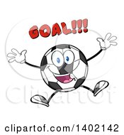 Poster, Art Print Of Cartoon Soccer Ball Mascot Character Jumping Under Goal Text