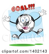 Poster, Art Print Of Cartoon Soccer Ball Mascot Character Jumping Under Goal Text Over Blue