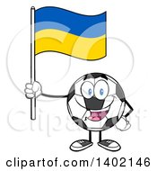 Cartoon Soccer Ball Mascot Character Holding A Ukrainian Flag