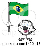 Cartoon Soccer Ball Mascot Character Holding A Brazil Flag