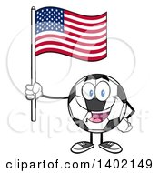 Poster, Art Print Of Cartoon Soccer Ball Mascot Character Holding An American Flag