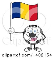 Poster, Art Print Of Cartoon Soccer Ball Mascot Character Holding A Romanian Flag