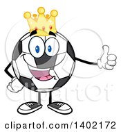 Clipart Of A Cartoon Soccer Ball Mascot Character Wearing A Crown And Giving A Thumb Up Royalty Free Vector Illustration by Hit Toon