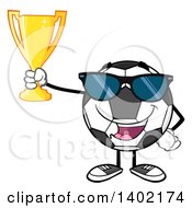 Poster, Art Print Of Cartoon Soccer Ball Mascot Character Wearing Sunglasses And Holding A Trophy