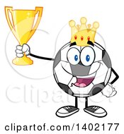 Poster, Art Print Of Cartoon Soccer Ball Mascot Character Wearing A Crown And Holding A Trophy
