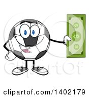 Clipart Of A Cartoon Soccer Ball Mascot Character Holding Cash Money Royalty Free Vector Illustration by Hit Toon