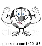 Clipart Of A Cartoon Soccer Ball Mascot Character Flexing His Muscles Royalty Free Vector Illustration by Hit Toon