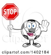 Poster, Art Print Of Cartoon Soccer Ball Mascot Character Holding A Stop Sign