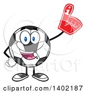 Cartoon Soccer Ball Mascot Character Wearing A Foam Finger