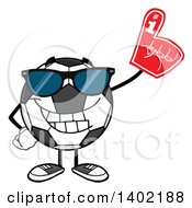 Cartoon Soccer Ball Mascot Character Wearing Sunglasses And A Foam Finger
