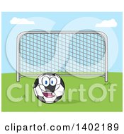Poster, Art Print Of Cartoon Soccer Association Football Goal And Soccer Ball Character Mascot On Grass Against Blue Sky