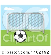 Poster, Art Print Of Cartoon Soccer Association Football Goal And Soccer Ball On Grass Against Blue Sky