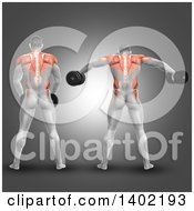 Poster, Art Print Of Rear View Of A 3d Man Working Out With Dumbbells Doing Lateral Raises With Visible Muscles On A Gray Background