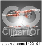 Poster, Art Print Of 3d Fit Man Shown Stretching From Above And In Profile One Arm Stretched Forward And One Leg Out With Visible Muscles On A Gray Background