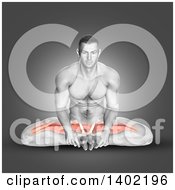 Clipart Of A 3d Fit Man Sitting And Stretching In An Abductor Pose On A Gray Background Royalty Free Illustration