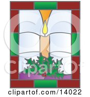 Christmas Stained Glass Window Of A Lit Candle And Holly Clipart Illustration by Rasmussen Images