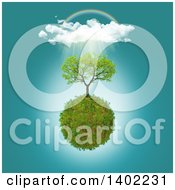 Poster, Art Print Of 3d Tree Growing On A Glassy Planet With Clouds Rain A Rainbow And Sunshine