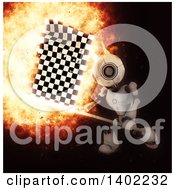 Poster, Art Print Of 3d Robot Swinging A Checkered Racing Flag With A Fiery Explosion On Black