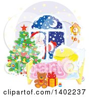 Poster, Art Print Of Santa Clause Outside Of A Window With A Blond Caucasian Girl Sleeping On Christmas Eve
