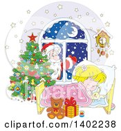 Poster, Art Print Of Santa Clause Outside Of A Window With A Blond White Girl Sleeping On Christmas Eve