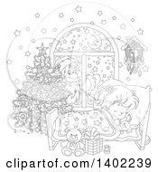 Poster, Art Print Of Black And White Lineart Santa Clause Outside Of A Window With A Girl Sleeping On Christmas Eve