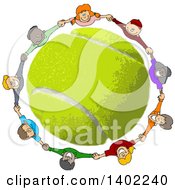 Poster, Art Print Of Circle Of Happy Children Holding Hands Looking Up And Smiling Around A Tennis Ball