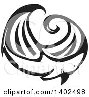 Clipart Of A Black And White Woodcut Shark And Waves Royalty Free Vector Illustration